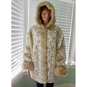 Vtg 80s Coldwater Creek Coat Snow Leopard Faux Fur Oversized Jacket Toggles PL